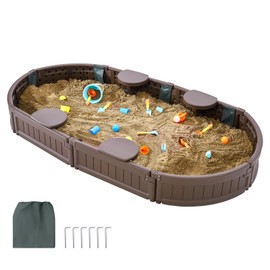 Happybuy 72 x 41.5 x 9.1 in Oval Sandbox with Cover, HDPE Sand Pit for Kids, 4 Corner Seating, Bottom Liner, Outdoor Play for Backyard, Beach, Park, Gift for Ages 3-12, Brown