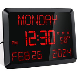 Digital Wall Clock, 11.5" Extra Large Display Calendar Alarm Day Clock with Date and of Week, Temperature,2 USB Chargers,3 Alarms, 5 Dimmer& 12/24Hr LED Desk for Office, Living Room, Bedroom, Elderly