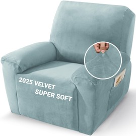 ZNSAYOTX 2025 Velvet Oversized Recliner Cover 3-Piece, Luxury Plush Recliner Chair Covers with Elastic Band & Ties Stay in Place, Stretch Reclining Slipcover for Lazy Boy Soft Washable (Stone Blue)