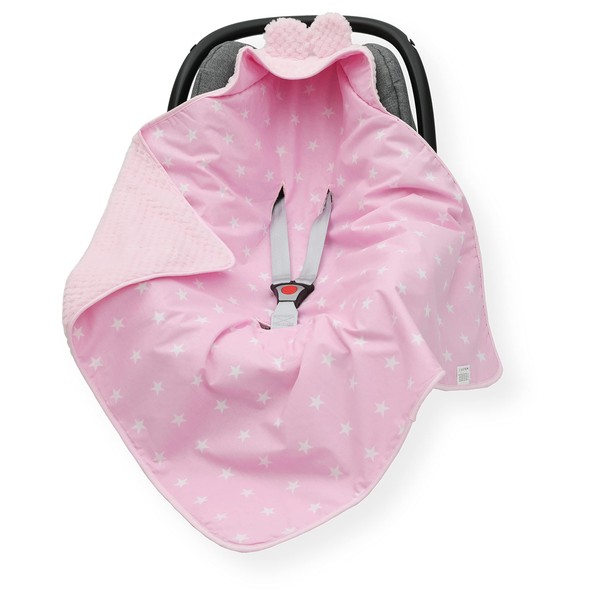 CAR SEAT Baby Insert/Blanket/Cover/Cosy Toes/Foot muff Cotton & Waffle-Effect Mink Plush 80 x 80cm Dual Layer with Hood (Little Stars on Pink/Pink)
