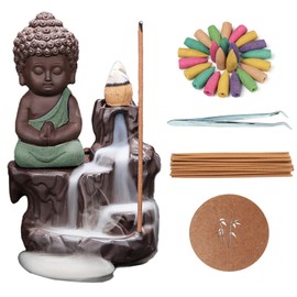 Backflow Incense Burner Holder Handmade Ceramic Waterfall Incense Cone Sticks Holder Buddha Style Home Decor with 10 Free Backflow Incense Cones for Home Tearoom Office (Light Blue)