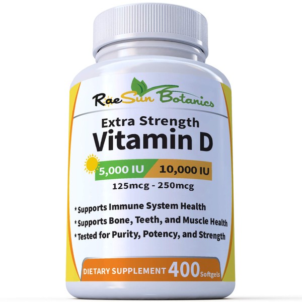 RaeSun Botanics Extra Strength Vitamin D3 Adjustable Dose - 5,000 IU (1 Year Plus Supply) | 10,000 IU (6.5 Month Supply) - Vitamin D Supplement - Gluten Free, Non GMO, Made in USA [400 Softgels]