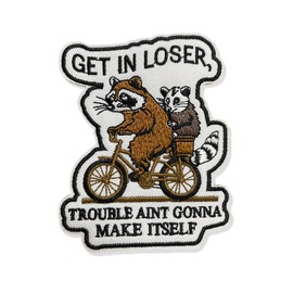 Funny Raccoon Bicycle Iron-On Patch, “Get in Loser, Trouble Ain’t Gonna Make Itself” Humorous Embroidery Applique for Jackets, Backpacks, Jeans, Clothing Decoration, 3×3.5 Inches