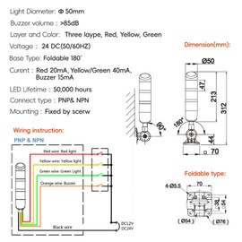 3-Layer Led Signal Tower Stack Lights, Industrial Signal Warning Lights, Column Tower Lamp with Rotatable Base Steady 24V DC/AC with Buzzer