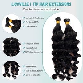 Deep Wave Human Hair Itip Extensions 22 Inch Natural Black Curly I Tip Hair Extensions for Black Women 50s 50g/Pack Loose Deep Wave I Tips Real Human Hair Extension Curly I-tip Bundles for Black Women