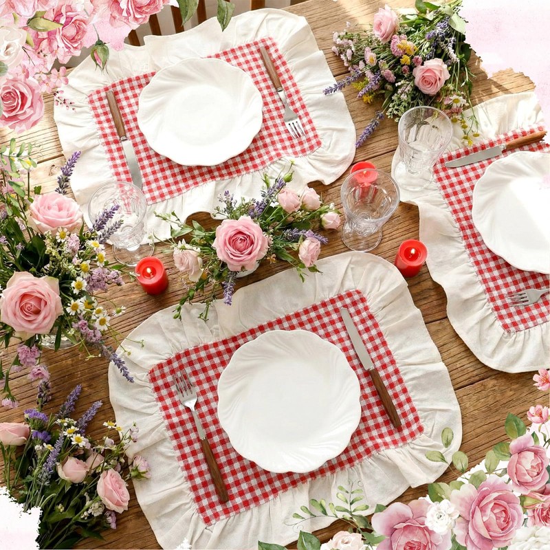 Set of 6 Rectangle Red Gingham Placemats Red White Checkered