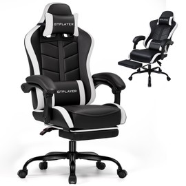 GTPLAYER Gaming Chair with Footrest, Computer Gaming Chair for Adults and Kids, Height Adjustable Gamer Chair with 90-155° Recline & Removable Headrest Lumbar Support (Dark Black-White)