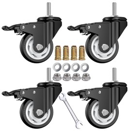 DICASAL 3 Inch Metric Stem Casters, M10*30 Stem Diameter 10mm, Length 30mm Heavy Duty Locking Cster 360 Degree Swivel Stem Wheels with Double Brakes Quite PU Rim for Floor Pack of 4
