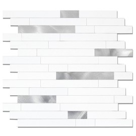Yipscazo 5 Sheets Peel and Stick Stone Metal Tile Backsplash, Stick on Tiles for Backsplash Kitchen, Bathroom, Laundry Room, Camper, Fireplace (12 x 12 inches, White Metal)