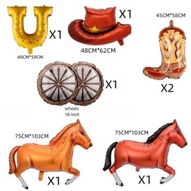 Western Balloons Set 7 Piece - Horse, Boots & Cowboy Hat Designs with Wagon Wheel and Horseshoe - Cowboy Party Decor for Saloon Gatherings and Themed Events
