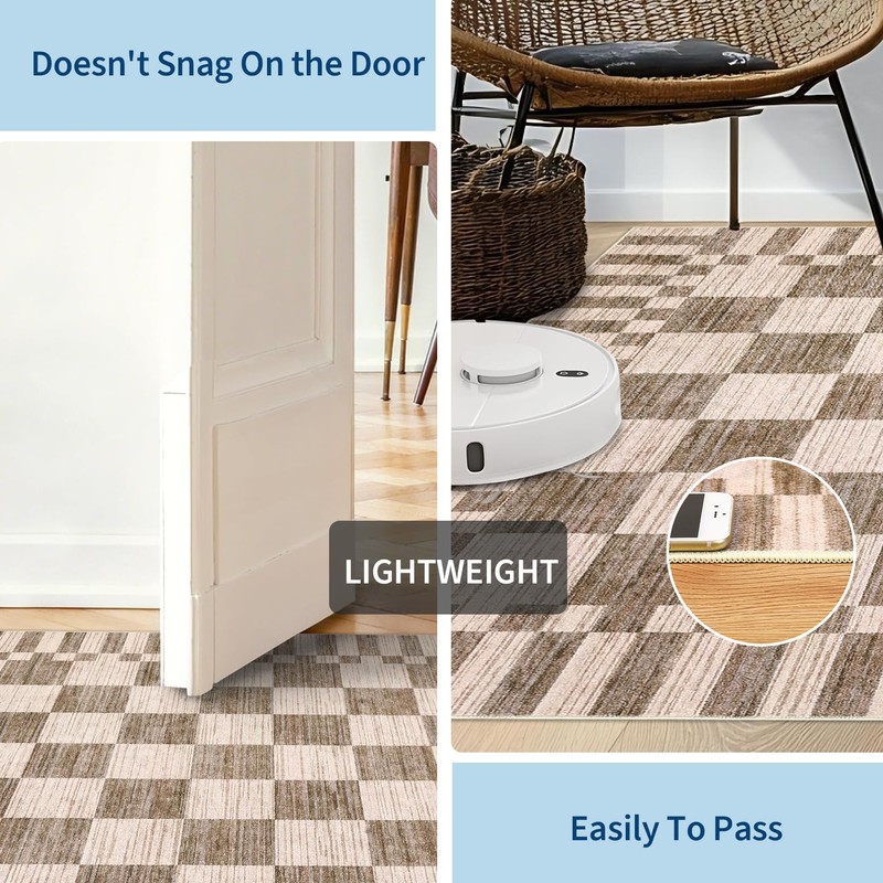 GarveeHome 2×6 Kitchen Runner Rug Non Slip Brown Checkered Rug,Washable