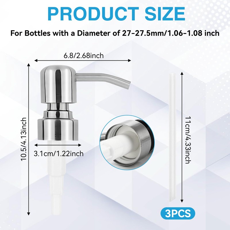 3Pcs Stainless Steel Soap Pump Replacement, Lotion Dispenser Pump Head