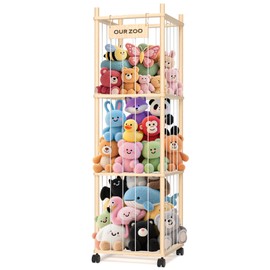 Stuffed Animal Storage: Wood Stuffed Animal Zoo, Stuffed Animal Holder with Mesh Net, Plush Toy Organizer Tube with Brake Wheels, Space Save Stuffed Animal Cage for Kids Room Playroom Nursery Bedroom