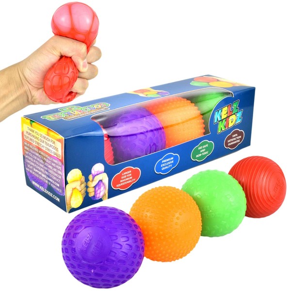 KELZ KIDZ® TEXTURODOS® Textured Pull and Stretch Sensory Bin Stress Balls (4 Pack) - Great Therapeutic Toy for People with Anxiety Disorders -Patented-