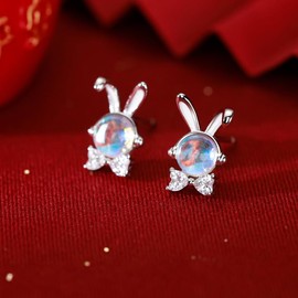 Bunny Earrings Studs for Women Moonstone Rabbit Studs Earrings Cute Animal Earrings Hypoallergenic (Silver, One size)