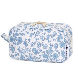 Small Makeup Bag for Purse Travel Makeup Pouch Mini Cosmetic Bag Zipper Pouch for Women(Little Blue Flower, Small)