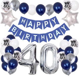 40th Birthday Decorations for Men and Women, 40th Birthday Party Supplies with HAPPY BIRTHDAY Banner and Number 40 Balloons, Silver Navy Blue Theme Party for 40 Years Old Birthday Decorations