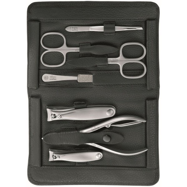 TopInox® "IMANTADO XL" Manicure Set for Men in Black Leather Case by Niegeloh, Germany