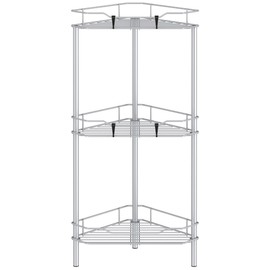 HuggieGems 3 Tier Floor Standing Corner Shower Caddy Organizer Shelf with Hooks, Bathroom Shelves Stand Rack, Silver