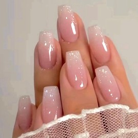 Pink Press on Nails Medium Coffin Fake Nails Press ons with Gradient Designs Simle Glue on Nails Medium Length Acrylic False Nails Full Cover Stick on Nails for Women 24 Pcs