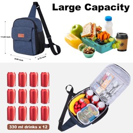 Joymee Sling Lunch Box Lunch Bag for Women Men Adult Portable Leakproof Reusable Insulated-Crossbody Lunchbox small Cooler with Shoulder Strap Side Pockets Front Pocket for Work Travel - Navy Blue
