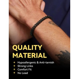 4.5MM Chain Link Bracelet Black Gun Plated Flat Franco Curb Bracelet for Men, 8.3 inch