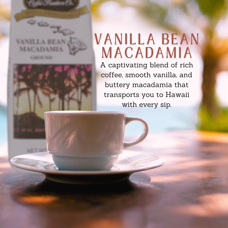 Hawaiian Isles Coffee Vanilla Bean Macadamia Flavored, Light Roast Ground