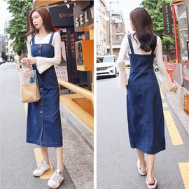 DRASAWEE Women Casual Suspender Denim Skirt Long Buttons Overalls Jean Dress M Blue