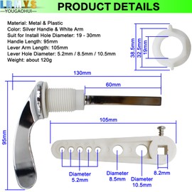 LRMYS Chrome Plated Replacement Toilet Tank Handle, Universal Fit Metal Toilet Flush Lever WC Cistern Repair Handle Rod Kit, Silver 1 Pack