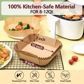EKACO 10 Inch Air Fryer Liners Disposable-100PCS Square Unbleached Parchment Paper Liners,Non-Stick & Oil-Resistant,Food Safe for Air Fryer,Oven,Roasting,Microwave（Bottom is 9 Inch）