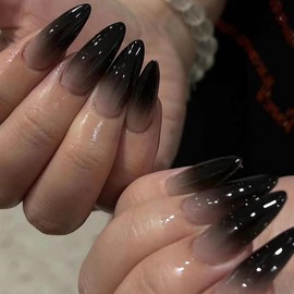 Obsidian Flow Press On Nails | CurvLife Nail | 24pcs Medium Stiletto Fake Nails | Glossy Finish with Smooth Black-Grey Gradient | Easy to Apply, Comfortable & Long-Lasting | Great for Nightclubs, Rock Concerts, Gothic Events & Bold Outings:_Lotus Gleam