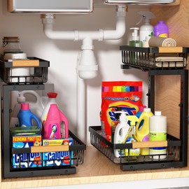 Liuoud Under Sink Organizer Storage 2 Pack, 2 Tier Slide Out Height Adjustable Pull Out Cabinet Organizer Drawer for Kitchen Bathroom Large Under Sink Shelf Rack Caddy for Pantry, Black