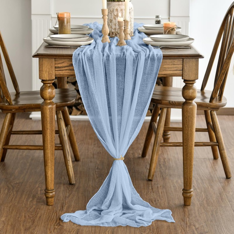 Artoid Mode Boho Sky Blue Gauze Wedding Table Runner, Cheesecloth