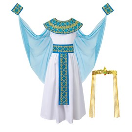 DANBAIEGG - Conjunto de disfraz egipcio para niños y niñas, vestido Cleopatra, disfraz de Halloween con tocado (blanco, 6-8 años)