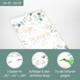 Häfft® Planner for Two 2026 Couples Calendar with 3 Columns - Wall Calendar for 12 Months: Jan - Dec 2026, 16.5 x 42 cm Couple Planner Wall Planner - Sustainable & Climate Friendly