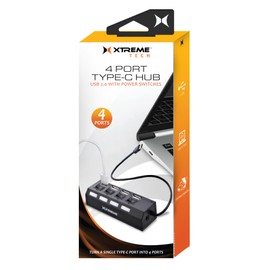 Xtreme Type-C USB 2.0 Hub, 4 Ports, Individual LED Power Indicators/Switches, Supports Wireless Mice, Flash Drives, Smartphones, Easy DIY Installation