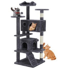Sweetcrispy 54-Inch Cat Tree Tower – Multi-Level with Sisal Scratching Post, Perfect Pet Gift, Indoor Condo with Climbing Ladder, Plush Toy, and More Animal Stuff, Grey