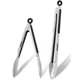 Anaeat Premium Stainless Steel Kitchen Tong Set of 2 - Sturdy Coiled Spring 9" and 12" Locking Food Tong with Non-Slip Silicone Grip for Cooking, Baking, Grilling, BBQ - Heat Resistant up to 480°F