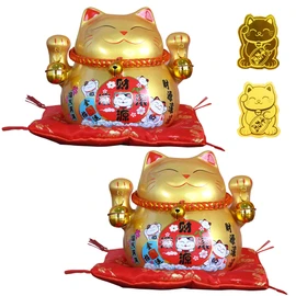 Felimoa Maneki Neko Money Bank Figurine Lucky Entrance with 2 Metal Stickers Set of 2