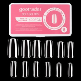 gootrades Soft Gel Full Cover Nail Tips Kit,600PCS Clear Natural Coffin Long Gel Nail Tips Pre-shaped SoakOff for Press On Nail Extension DIY Manicure,12 Sizes - Square Medium