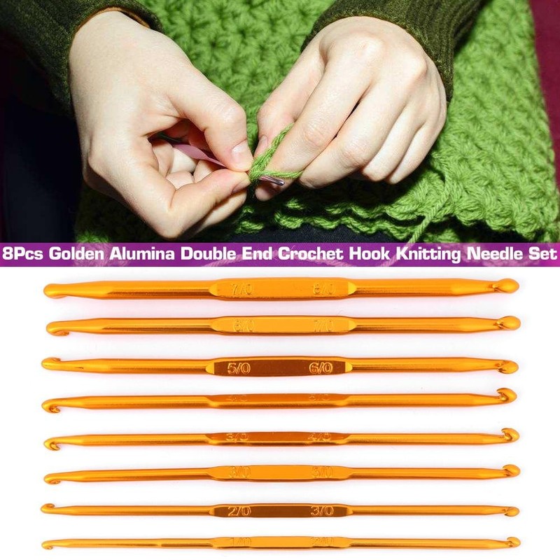 8PCS Golden Alumina Double Ended Crochet Hooks Knitting Needle Set