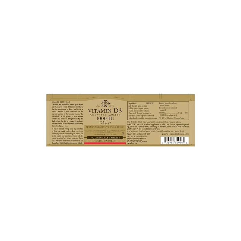 Solgar Vitamin D3 1000 IU (25 µg) - 100 Chewable