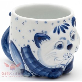 Porcelain Gzhel cat cup glass mug  handmade Гжель 250ml