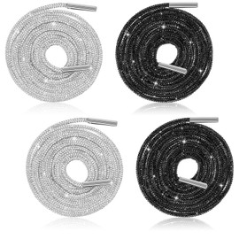 Qulkws 4Pcs Rhinestone Shoe Laces, 55'' Glitter Shoe Laces Bling Round Drawstring Cords Replacement for Sneakers (Silver + Black)