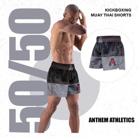 Anthem Athletics - Pantalones cortos para Muay Thai (50 / 50), diseño de Kickboxing, Thai Boxing, Negro, gris y rojo, Large