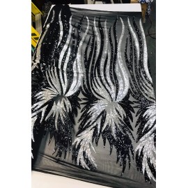 NEW CREATIONS FABRIC AND FOAM INC SILVER-BLACK ANGEL WINGS SEQUIN DESIGN  ON A 4 WAY STRETCH MESH-BY YARD.