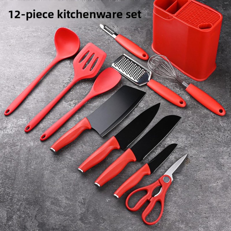 Henlutuo 12-Piece Silicone Kitchen Utensil Set with Stainless Steel Knives