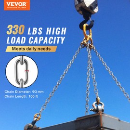 VEVOR Proof Coil Chain, 1/8" x 100', 330 lbs Safe Working Load, Zinc Plated Proof Tested Coil Chain with Two Quick Links, Galvanized Carbon Steel Link Chain for Towing, Hanging, Camping, Pet Towing