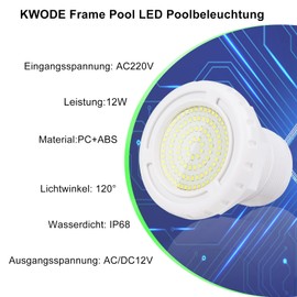 KWODE LED Underwater Pool Lighting for Above Ground Pool, 12 W Cold White Frame Pool Lighting, 12 V LED Underwater Spotlight IP68 Waterproof with 7 m Cable, External Thread 2 ¼ Inch
