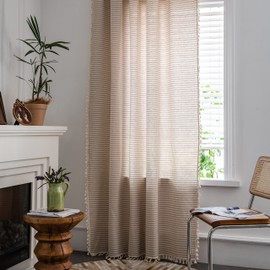 Sutuo Home - Cortina bohemia de 84 pulgadas de largo, cortina con estampado de rayas beige con borlas hechas a mano, bolsillo para barra, tratamiento de ventana clásico rústico bohemio para recámara,